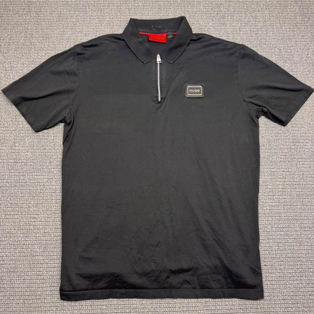 Hugo Boss Hugo Men's Black Quarter Zip Short Sleeve Logo Patch Polo Shirt S
